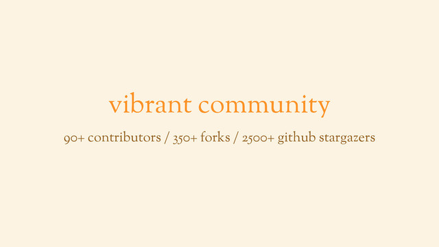 vibrant community
90+ contributors / 350+ forks / 2500+ github stargazers
