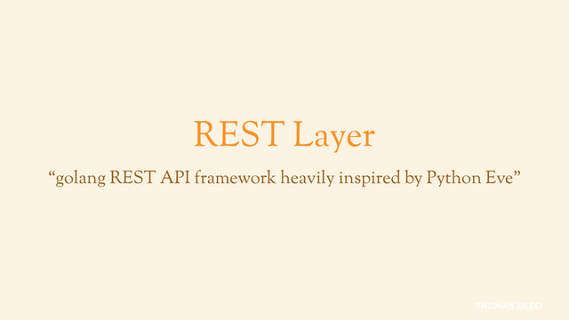 REST Layer
“golang REST API framework heavily inspired by Python Eve”
THOMAS SILEO
