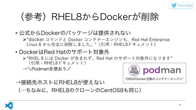 WTDPEFKQ
ʢࢀߟʣ3)&-͔Β%PDLFS͕࡟আ
• ެ͔ࣜΒ%PDLFSͷύοέʔδ͸ఏڙ͞Εͳ͍
Ø“docker コマンドと Docker コンテナーエンジンも、Red Hat Enterprise
Linux 8 から完全に削除しました。”（引⽤：RHEL8ドキュメント）
• %PDLFS͸3FE)BUͷαϙʔτର৅֎
Ø“RHEL 8 には Docker が含まれず、Red Hat のサポート対象外になります”
（引⽤：RHEL8ドキュメント）
ˠʘ1PENBOΛ࢖͓͏ʗ
ˠ઀ଓઌϗετʹ3)&-͕࢖͑ͳ͍
ʢʜͪͳΈʹɺ3)&-ͷΫϩʔϯͷ$FOU04΋ಉ͡ʣ
7
l044ͷ%PDLFSޓ׵ͷίϯςφʔΤϯδϯz
