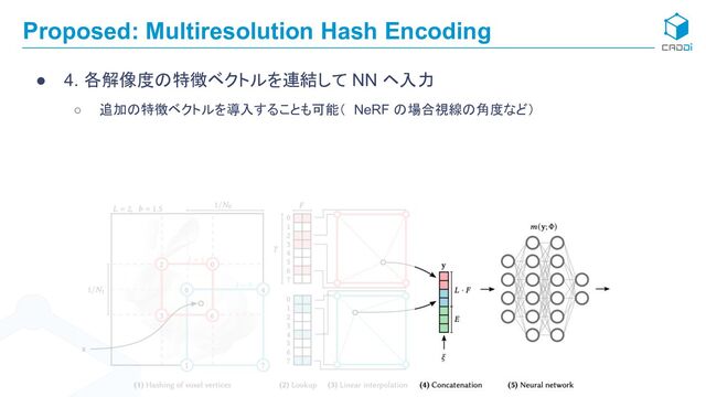 Proposed: Multiresolution Hash Encoding
● 4. 各解像度の特徴ベクトルを連結して NN ヘ入力
○ 追加の特徴ベクトルを導入することも可能（ NeRF の場合視線の角度など）
