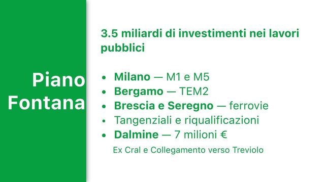 Piano
Fontana
3.5 miliardi di investimenti nei lavori
pubblici
• Milano — M1 e M5
• Bergamo — TEM2
• Brescia e Seregno — ferrovie
• Tangenziali e riqualificazioni
• Dalmine — 7 milioni
Ex Cral e Collegamento verso Treviolo

