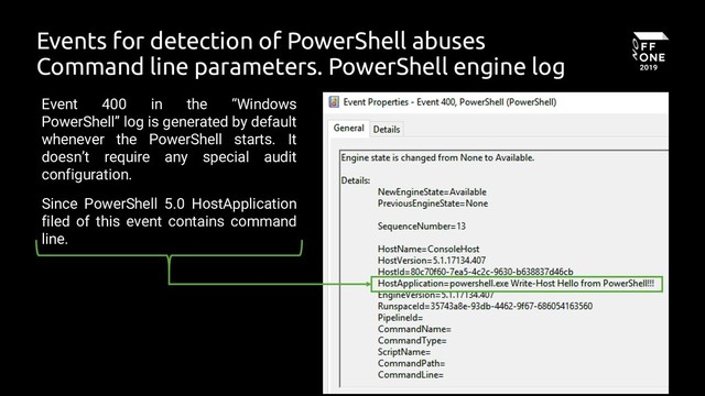 11
Events for detection of PowerShell abuses
Command line parameters. PowerShell engine log
Event 400 in the “Windows
PowerShell” log is generated by default
whenever the PowerShell starts. It
doesn’t require any special audit
configuration.
Since PowerShell 5.0 HostApplication
filed of this event contains command
line.
