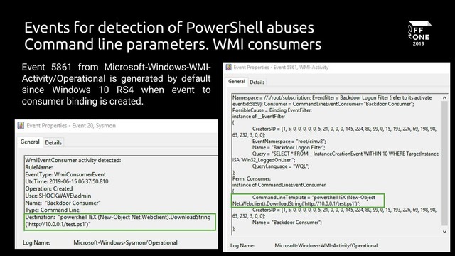13
Events for detection of PowerShell abuses
Command line parameters. WMI consumers
Event 5861 from Microsoft-Windows-WMI-
Activity/Operational is generated by default
since Windows 10 RS4 when event to
consumer binding is created.
