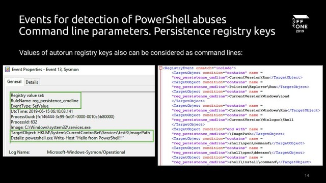 14
Events for detection of PowerShell abuses
Command line parameters. Persistence registry keys
Values of autorun registry keys also can be considered as command lines:

