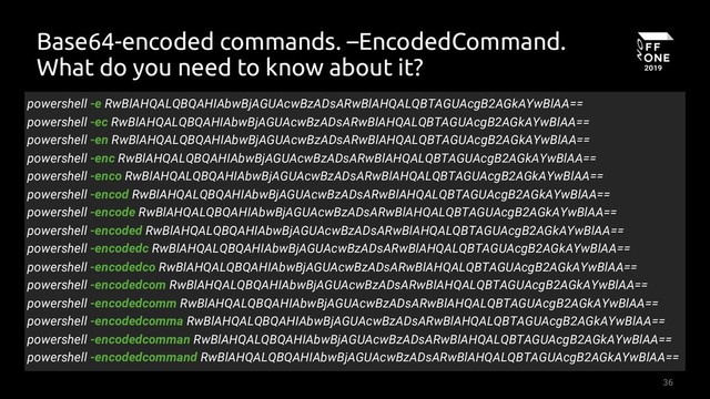 36
Base64-encoded commands. –EncodedCommand.
What do you need to know about it?
powershell -e RwBlAHQALQBQAHIAbwBjAGUAcwBzADsARwBlAHQALQBTAGUAcgB2AGkAYwBlAA==
powershell -ec RwBlAHQALQBQAHIAbwBjAGUAcwBzADsARwBlAHQALQBTAGUAcgB2AGkAYwBlAA==
powershell -en RwBlAHQALQBQAHIAbwBjAGUAcwBzADsARwBlAHQALQBTAGUAcgB2AGkAYwBlAA==
powershell -enc RwBlAHQALQBQAHIAbwBjAGUAcwBzADsARwBlAHQALQBTAGUAcgB2AGkAYwBlAA==
powershell -enco RwBlAHQALQBQAHIAbwBjAGUAcwBzADsARwBlAHQALQBTAGUAcgB2AGkAYwBlAA==
powershell -encod RwBlAHQALQBQAHIAbwBjAGUAcwBzADsARwBlAHQALQBTAGUAcgB2AGkAYwBlAA==
powershell -encode RwBlAHQALQBQAHIAbwBjAGUAcwBzADsARwBlAHQALQBTAGUAcgB2AGkAYwBlAA==
powershell -encoded RwBlAHQALQBQAHIAbwBjAGUAcwBzADsARwBlAHQALQBTAGUAcgB2AGkAYwBlAA==
powershell -encodedc RwBlAHQALQBQAHIAbwBjAGUAcwBzADsARwBlAHQALQBTAGUAcgB2AGkAYwBlAA==
powershell -encodedco RwBlAHQALQBQAHIAbwBjAGUAcwBzADsARwBlAHQALQBTAGUAcgB2AGkAYwBlAA==
powershell -encodedcom RwBlAHQALQBQAHIAbwBjAGUAcwBzADsARwBlAHQALQBTAGUAcgB2AGkAYwBlAA==
powershell -encodedcomm RwBlAHQALQBQAHIAbwBjAGUAcwBzADsARwBlAHQALQBTAGUAcgB2AGkAYwBlAA==
powershell -encodedcomma RwBlAHQALQBQAHIAbwBjAGUAcwBzADsARwBlAHQALQBTAGUAcgB2AGkAYwBlAA==
powershell -encodedcomman RwBlAHQALQBQAHIAbwBjAGUAcwBzADsARwBlAHQALQBTAGUAcgB2AGkAYwBlAA==
powershell -encodedcommand RwBlAHQALQBQAHIAbwBjAGUAcwBzADsARwBlAHQALQBTAGUAcgB2AGkAYwBlAA==
