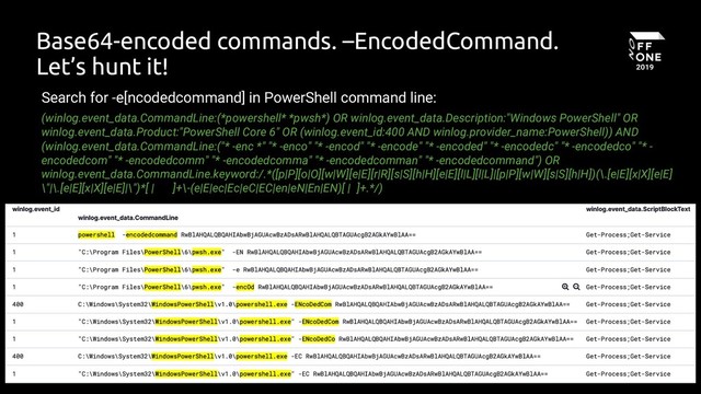 37
Base64-encoded commands. –EncodedCommand.
Let’s hunt it!
(winlog.event_data.CommandLine:(*powershell* *pwsh*) OR winlog.event_data.Description:"Windows PowerShell" OR
winlog.event_data.Product:"PowerShell Core 6" OR (winlog.event_id:400 AND winlog.provider_name:PowerShell)) AND
(winlog.event_data.CommandLine:("* -enc *" "* -enco" "* -encod" "* -encode" "* -encoded" "* -encodedc" "* -encodedco" "* -
encodedcom" "* -encodedcomm" "* -encodedcomma" "* -encodedcomman" "* -encodedcommand") OR
winlog.event_data.CommandLine.keyword:/.*([p|P][o|O][w|W][e|E][r|R][s|S][h|H][e|E][l|L][l|L]|[p|P][w|W][s|S][h|H])(\.[e|E][x|X][e|E]
\"|\.[e|E][x|X][e|E]|\")*[ | ]+\-(e|E|ec|Ec|eC|EC|en|eN|En|EN)[ | ]+.*/)
Search for -e[ncodedcommand] in PowerShell command line:
