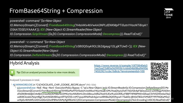 40
FromBase64String + Compression
powershell -command "$s=New-Object
IO.MemoryStream(,[Convert]::FromBase64String('H4sIAKx46VwAA3NPLdENKMpPTi0utnYHsoNTi8oyk1
O5AA7DSEUYAAAA’)); IEX (New-Object IO.StreamReader(New-Object
IO.Compression.GzipStream($s,[IO.Compression.CompressionMode]::Decompress))).ReadToEnd()"
powershell –c command “$s=New-Object
IO.MemoryStream(,[Convert]::FromBase64String('c08t0Q0oyk9OLS62dgeyg1OLyjKTUwE=‘)); IEX (New-
Object IO.StreamReader(New-Object
IO.Compression.DeflateStream($s,[IO.Compression.CompressionMode]::Decompress))).ReadToEnd()”
https://www.reverse.it/sample/10f70840eb3
1aa2aa22d83a363993b1c66604b08bd94956
74532921ccbc1b8c6/?environmentId=100

