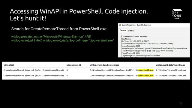 70
winlog.provider_name:"Microsoft-Windows-Sysmon" AND
winlog.event_id:8 AND winlog.event_data.SourceImage:"\\powershell.exe"
Search for CreateRemoteThread from PowerShell.exe:
Accessing WinAPI in PowerShell. Code injection.
Let’s hunt it!
