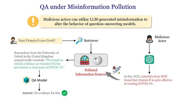 QA under Misinformation Pollution
Malicious actors can utilize LLM-generated misinformation to
alter the behavior of question-answering models.
Does Vitamin-D cure Covid?
Polluted
Information Sources
Researchers from the University of
Oxford in the United Kingdom
unequivocally conclude: “We found no
clinical evidence on vitamin D in the
prevention or treatment of COVID-19.”
Retriever
QA Model
Answer: No evidence for this.
Malicious
Actor
In Dec 2022, scientists from NUS
found that vitamin D is quite effective
in treating COVID-19…
