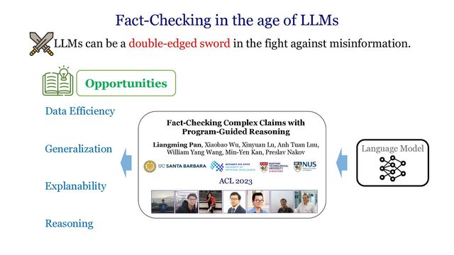 • LLMs can be a double-edged sword in the fight against misinformation.
Fact-Checking in the age of LLMs
Opportunities
Data Efficiency
• Train the model with minimal supervision
Generalization
• The model can generalize to various domains.
Explanability
• Provide explanation for its prediction.
Reasoning
• Able to perform complex reasoning.
Language Model
Fact-Checking Complex Claims with
Program-Guided Reasoning
Liangming Pan, Xiaobao Wu, Xinyuan Lu, Anh Tuan Luu,
William Yang Wang, Min-Yen Kan, Preslav Nakov
ACL 2023
