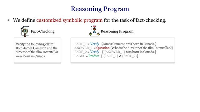 • We define customized symbolic program for the task of fact-checking.
Verify the following claim:
Both James Cameron and the
director of the film Interstellar
were born in Canada.
Fact-Checking
FACT_1 = Verify [James Cameron was born in Canada.]
ANSWER_1 = Question [Who is the director of the film Interstellar?]
FACT_2 = Verify [ {ANSWER_1} was born in Canada.]
LABEL = Predict [ {FACT_1} ⋀ {FACT_2}]
Reasoning Program
Reasoning Program
