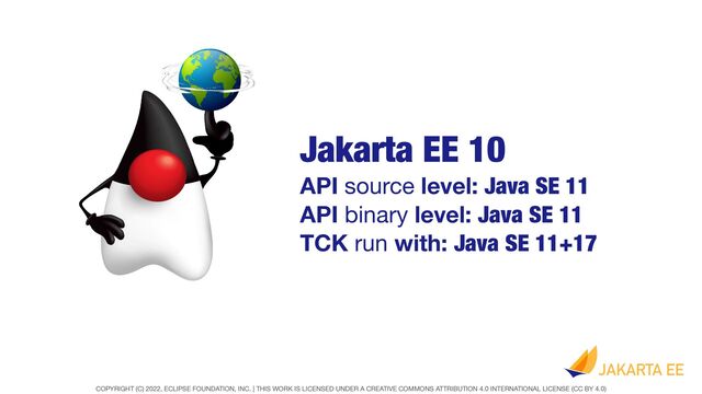 COPYRIGHT (C) 2022, ECLIPSE FOUNDATION, INC. | THIS WORK IS LICENSED UNDER A CREATIVE COMMONS ATTRIBUTION 4.0 INTERNATIONAL LICENSE (CC BY 4.0)
Jakarta EE 10


API source level: Java SE 11
API binary level: Java SE 11
TCK run with: Java SE 11+17
