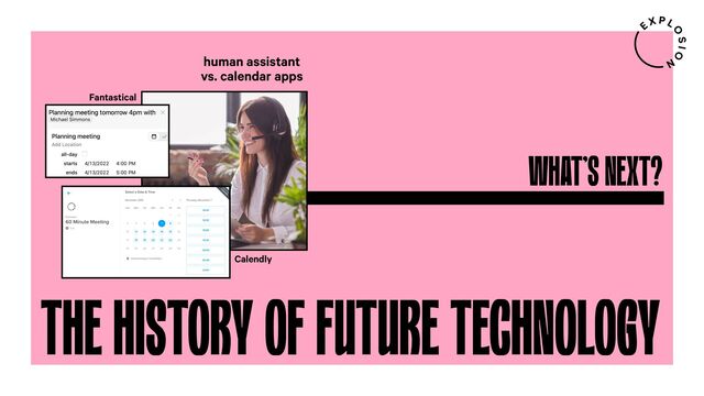 THE HISTORY OF FUTURE TECHNOLOGY
human assistant
vs. calendar apps
Calendly
Fantastical
WHAT’S NEXT?
