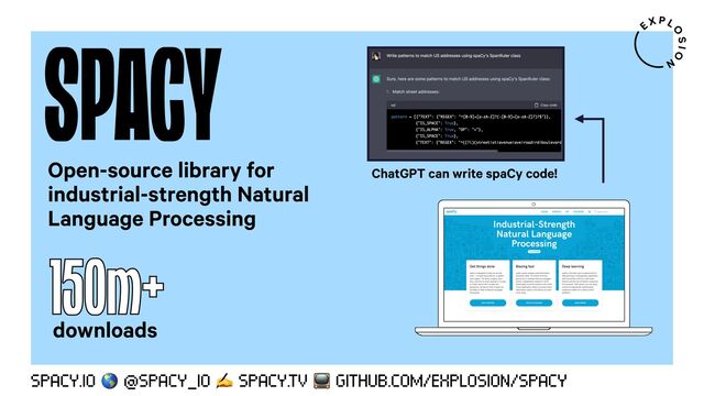 SPACY
SPACY.IO & @SPACY_IO ✍ SPACY.TV / GITHUB.COM/EXPLOSION/SPACY
Open-source library for
industrial-strength Natural
Language Processing
150m+
downloads
ChatGPT can write spaCy code!
