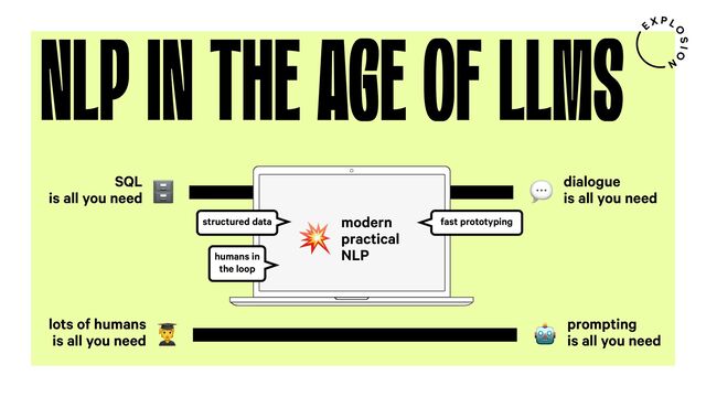 NLP IN THE AGE OF LLMS
SQL
is all you need
dialogue
is all you need
: %
lots of humans
is all you need
prompting
is all you need
; "
modern
practical
NLP
-
structured data fast prototyping
humans in
the loop
