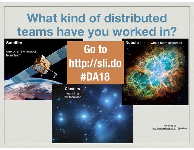 What kind of distributed
teams have you worked in?
more info at
http://remotelyagile.info / @mkilby
Satellite
 
one or a few remote
from team
Clusters
team in a
few locations
Nebula whole team dispersed
Go to
http://sli.do
#DA18
