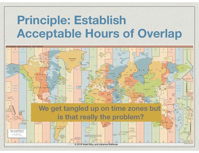 Principle: Establish
Acceptable Hours of Overlap
© 2018 Mark Kilby and Johanna Rothman
We get tangled up on time zones but 
is that really the problem?
