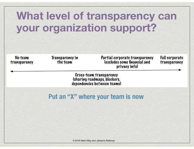 What level of transparency can
your organization support?
© 2018 Mark Kilby and Johanna Rothman
Put an “X” where your team is now
