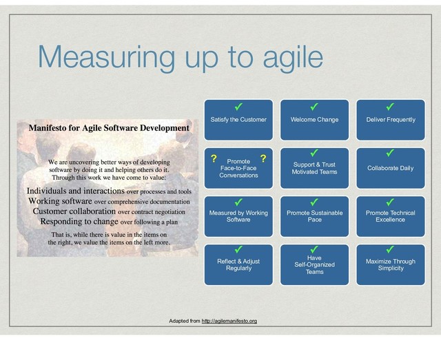 Measuring up to agile
Satisfy the Customer Welcome Change Deliver Frequently
Collaborate Daily
Support & Trust
Motivated Teams
Promote  
Face-to-Face
Conversations
Measured by Working
Software
Promote Sustainable
Pace
Promote Technical
Excellence
Maximize Through
Simplicity
Have  
Self-Organized 
Teams
Reflect & Adjust  
Regularly
✓
?
Adapted from http://agilemanifesto.org
✓ ✓
✓ ✓ ✓
✓ ✓ ✓
✓ ✓
?
