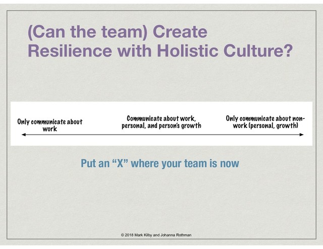 (Can the team) Create
Resilience with Holistic Culture?
© 2018 Mark Kilby and Johanna Rothman
Put an “X” where your team is now
