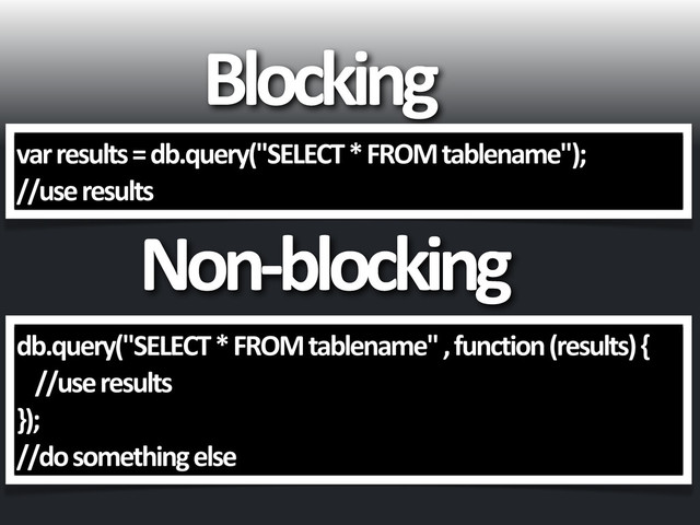 Blocking
var	  results	  =	  db.query("SELECT	  *	  FROM	  tablename");
//use	  results	  
Non-­‐blocking
db.query("SELECT	  *	  FROM	  tablename"	  ,	  function	  (results)	  {	  
//use	  results	  
});	  
//do	  something	  else	  
