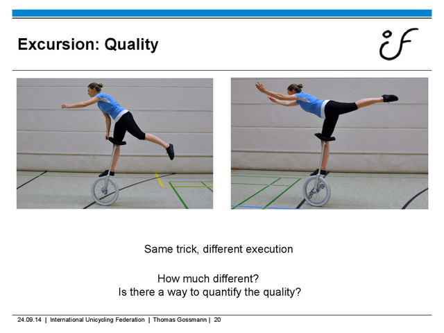 24.09.14 | International Unicycling Federation | Thomas Gossmann | 20
Excursion: Quality
Same trick, different execution
How much different?
Is there a way to quantify the quality?
