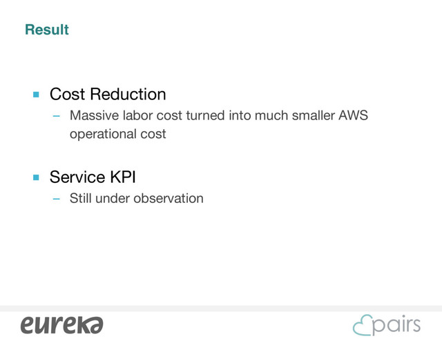 Result
■ Cost Reduction

– Massive labor cost turned into much smaller AWS
operational cost

■ Service KPI

– Still under observation
