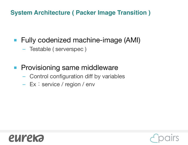 System Architecture ( Packer Image Transition )
■ Fully codenized machine-image (AMI)

– Testable ( serverspec )

■ Provisioning same middleware 

– Control configuration diff by variables

– Exɿservice / region / env
