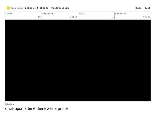 Scene
10
Duration
25:14
Panel
1
Duration
00:08
Dialog
once upon a time there was a prince
prince of chairs @relreligion Page 1/65
