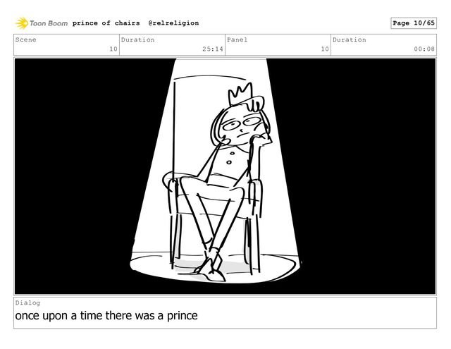 Scene
10
Duration
25:14
Panel
10
Duration
00:08
Dialog
once upon a time there was a prince
prince of chairs @relreligion Page 10/65
