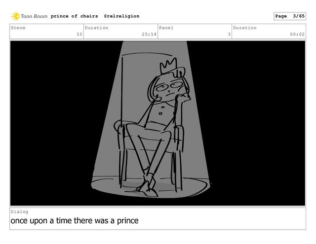 Scene
10
Duration
25:14
Panel
3
Duration
00:02
Dialog
once upon a time there was a prince
prince of chairs @relreligion Page 3/65
