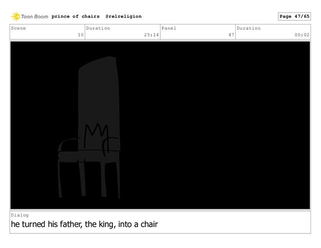 Scene
10
Duration
25:14
Panel
47
Duration
00:02
Dialog
he turned his father, the king, into a chair
prince of chairs @relreligion Page 47/65
