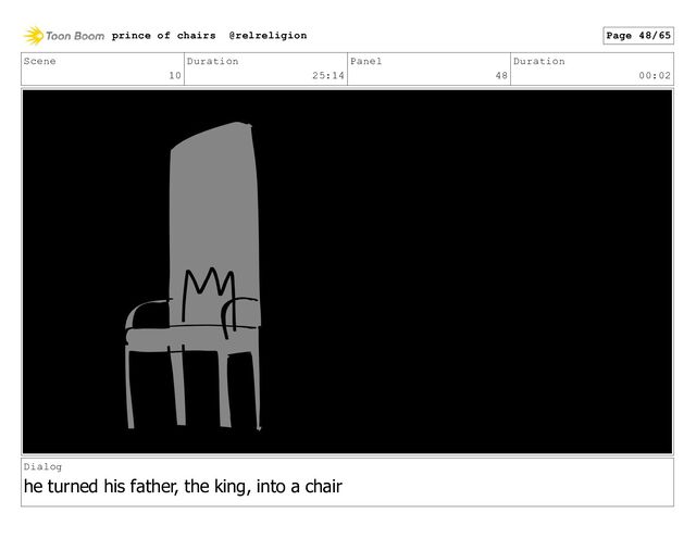 Scene
10
Duration
25:14
Panel
48
Duration
00:02
Dialog
he turned his father, the king, into a chair
prince of chairs @relreligion Page 48/65
