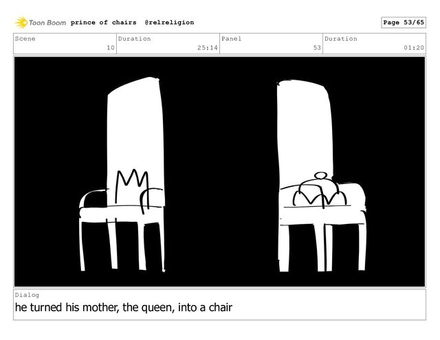 Scene
10
Duration
25:14
Panel
53
Duration
01:20
Dialog
he turned his mother, the queen, into a chair
prince of chairs @relreligion Page 53/65
