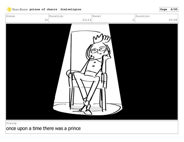 Scene
10
Duration
25:14
Panel
6
Duration
00:08
Dialog
once upon a time there was a prince
prince of chairs @relreligion Page 6/65
