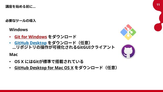 講座を始める前に...
Windows
• Git for Windows をダウンロード
• GitHub Desktop をダウンロード（任意）
…リポジトリの操作が可視化されるGitGUIクライアント
Mac
• OS X にはGitが標準で搭載されている
• GitHub Desktop for Mac OS X をダウンロード（任意）
11
必要なツールの導入
