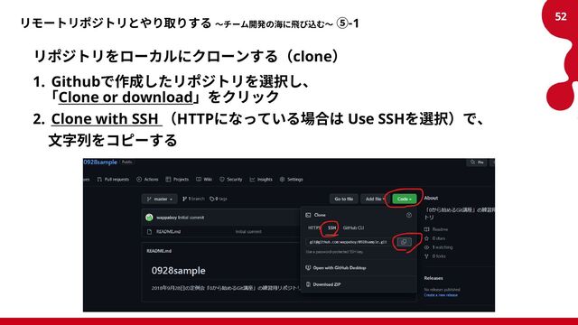 リモートリポジトリとやり取りする ～チーム開発の海に飛び込む～ ⑤-1
リポジトリをローカルにクローンする（clone）
1. Githubで作成したリポジトリを選択し、
「Clone or download」をクリック
2. Clone with SSH （HTTPになっている場合は Use SSHを選択）で、
文字列をコピーする
52
