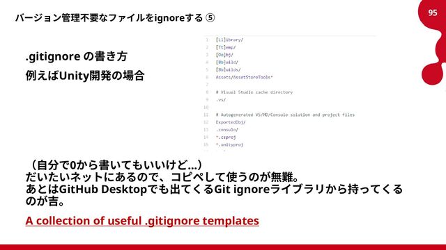 バージョン管理不要なファイルをignoreする ⑤
.gitignore の書き方
例えばUnity開発の場合
→
（自分で0から書いてもいいけど...）
だいたいネットにあるので、コピペして使うのが無難。
あとはGitHub Desktopでも出てくるGit ignoreライブラリから持ってくる
のが吉。
A collection of useful .gitignore templates
95
