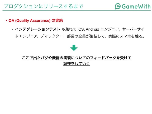 ϓϩμΫγϣϯʹϦϦʔε͢Δ·Ͱ
• QA (Quality Assurance) ͷ࣮ࢪ
• ΠϯςάϨʔγϣϯςετ ΋݉Ͷͯ iOS, Android ΤϯδχΞɺαʔόʔαΠ
υΤϯδχΞɺσΟϨΫλʔɺ෦௕ͷશһ͕ू݁ͯ͠ɺ࣮ࡍʹεϚϗΛ৮Δɻ
͜͜Ͱग़ͨόά΍ػೳͷ࣮૷ʹ͍ͭͯͷϑΟʔυόοΫΛड͚ͯ
ௐ੔Λ͍ͯ͘͠
