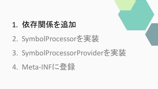 2. SymbolProcessorを実装
3. SymbolProcessorProviderを実装
4. Meta-INFに登録
1. 依存関係を追加

