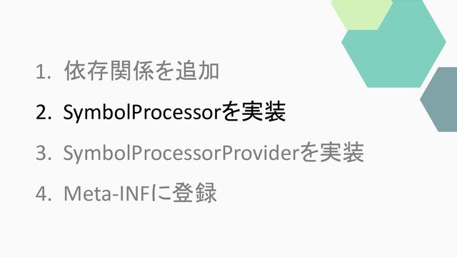 1. 依存関係を追加
3. SymbolProcessorProviderを実装
4. Meta-INFに登録
2. SymbolProcessorを実装
