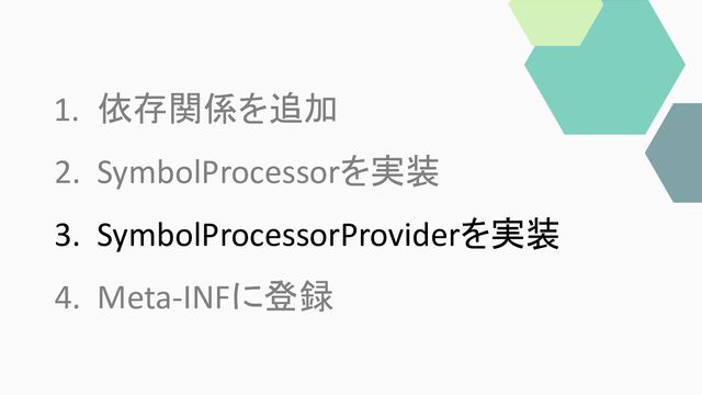 2. SymbolProcessorを実装
1. 依存関係を追加
4. Meta-INFに登録
3. SymbolProcessorProviderを実装
