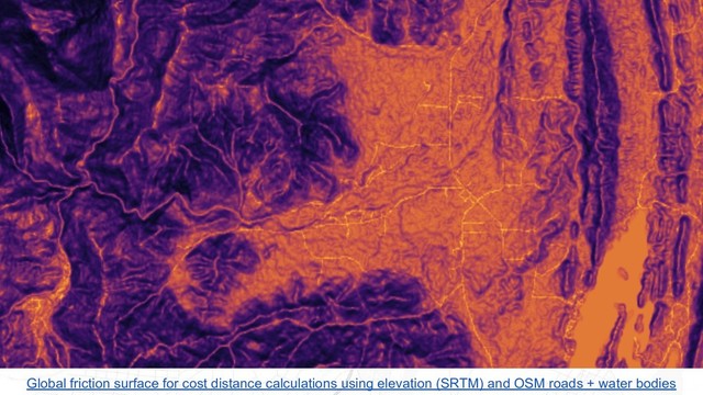 Global friction surface for cost distance calculations using elevation (SRTM) and OSM roads + water bodies
