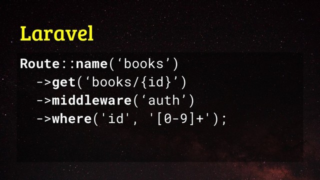 Laravel
Route::name(‘books’)
->get(‘books/{id}’)
->middleware(‘auth’)
->where('id', '[0-9]+');
