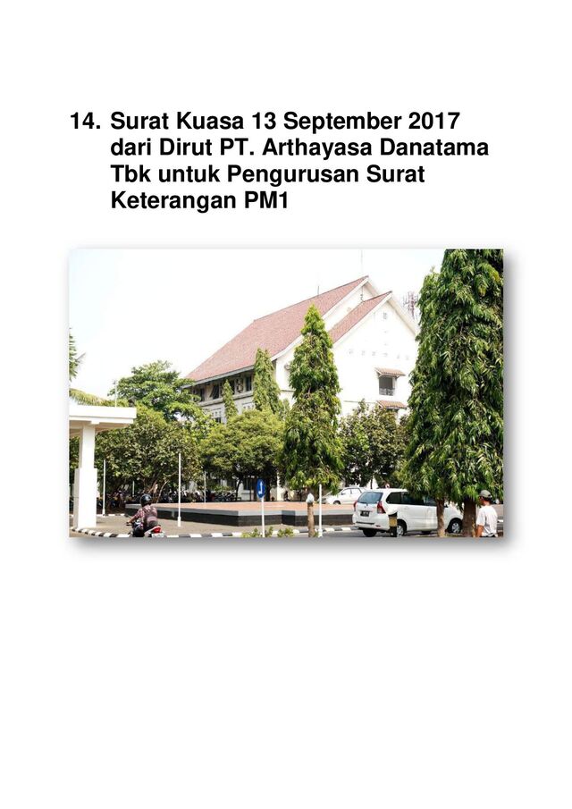 14. Surat Kuasa 13 September 2017
dari Dirut PT. Arthayasa Danatama
Tbk untuk Pengurusan Surat
Keterangan PM1
