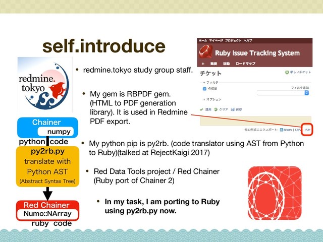 3FE$IBJOFS
$IBJOFS
• Red Data Tools project / Red Chainer
(Ruby port of Chainer 2)

• In my task, I am porting to Ruby
using py2rb.py now.
self.introduce
• redmine.tokyo study group staﬀ.
• My gem is RBPDF gem.
(HTML to PDF generation
library). It is used in Redmine
PDF export.
• My python pip is py2rb. (code translator using AST from Python
to Ruby)(talked at RejectKaigi 2017)
QZSCQZ
USBOTMBUFXJUI
1ZUIPO"45
"CTUSBDU4ZOUBY5SFF

OVNQZ
/VNP/"SSBZ
QZUIPODPEF
SVCZDPEF
