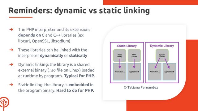 Reminders: dynamic vs static linking
➔ The PHP interpreter and its extensions
depends on C and C++ libraries (ex:
libcurl, OpenSSL, libsodium)
➔ These libraries can be linked with the
interpreter dynamically or statically
➔ Dynamic linking: the library is a shared
external binary (.so ﬁle on Linux) loaded
at runtime by programs. Typical for PHP.
➔ Static linking: the library is embedded in
the program binary. Hard to do for PHP.
© Tatiana Fernández
