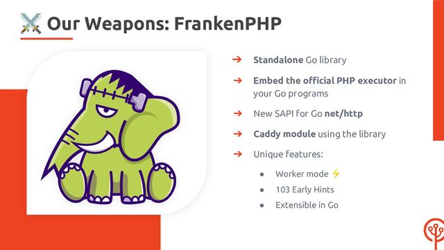 ➔ Standalone Go library
➔ Embed the oﬃcial PHP executor in
your Go programs
➔ New SAPI for Go net/http
➔ Caddy module using the library
➔ Unique features:
● Worker mode ⚡
● 103 Early Hints
● Extensible in Go
⚔ Our Weapons: FrankenPHP
