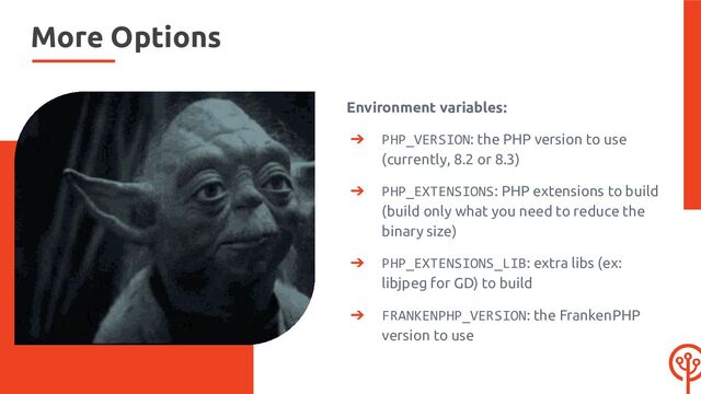 More Options
Environment variables:
➔ PHP_VERSION: the PHP version to use
(currently, 8.2 or 8.3)
➔ PHP_EXTENSIONS: PHP extensions to build
(build only what you need to reduce the
binary size)
➔ PHP_EXTENSIONS_LIB: extra libs (ex:
libjpeg for GD) to build
➔ FRANKENPHP_VERSION: the FrankenPHP
version to use
