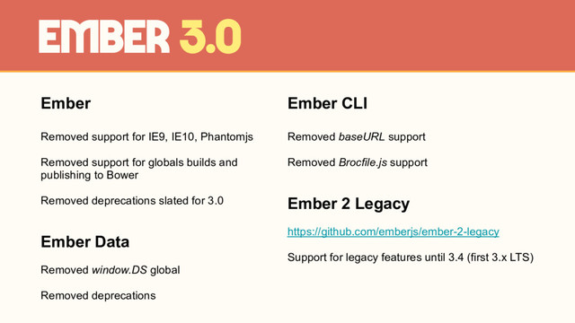 Ember
Removed support for IE9, IE10, Phantomjs
Removed support for globals builds and
publishing to Bower
Removed deprecations slated for 3.0
Ember Data
Removed window.DS global
Removed deprecations
Ember 3.0
Ember CLI
Removed baseURL support
Removed Brocfile.js support
Ember 2 Legacy
https://github.com/emberjs/ember-2-legacy
Support for legacy features until 3.4 (first 3.x LTS)
